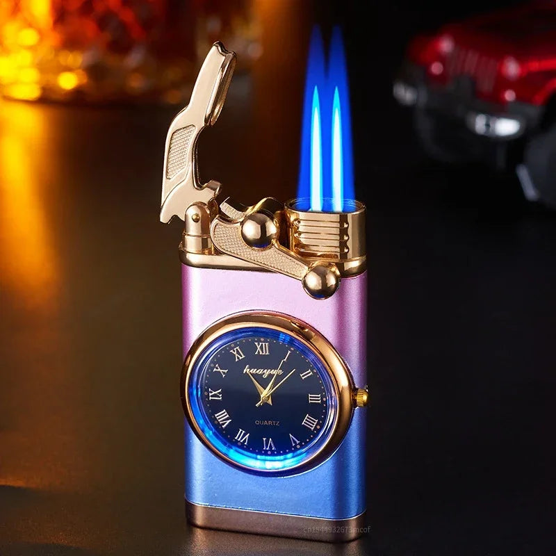 New Windproof Gas Lighter Wrist Watch Cigar Lighter Outdoors Jet Double Fire Tube Lighters Gadgets for Men Cigarette Accessories