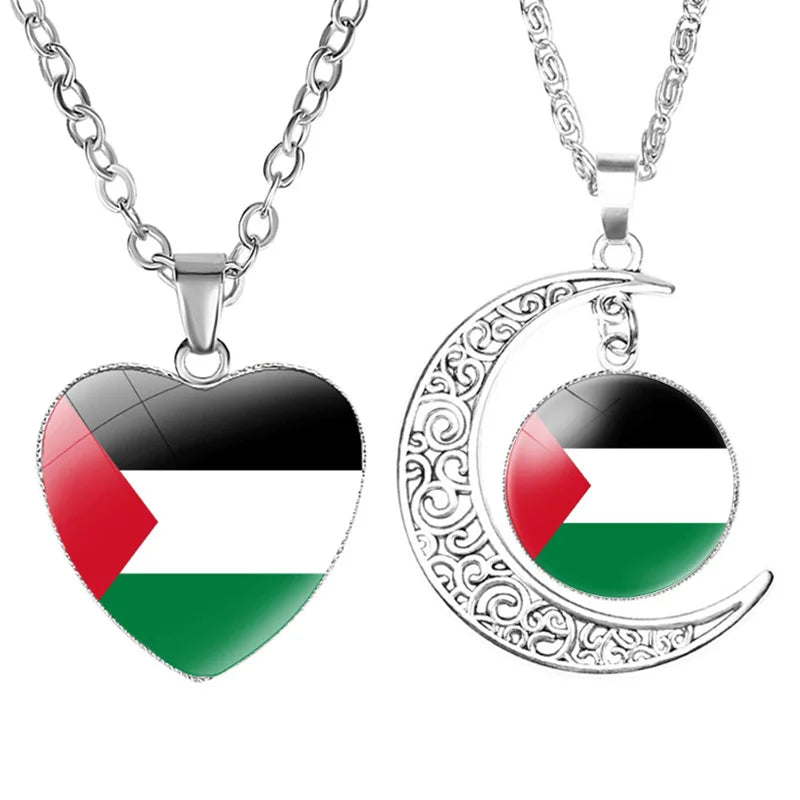 Palestine Necklace Flag Photo Glass Cabochon Heart Moon Pendant Chain Choker Jewelry for Men Women Gift